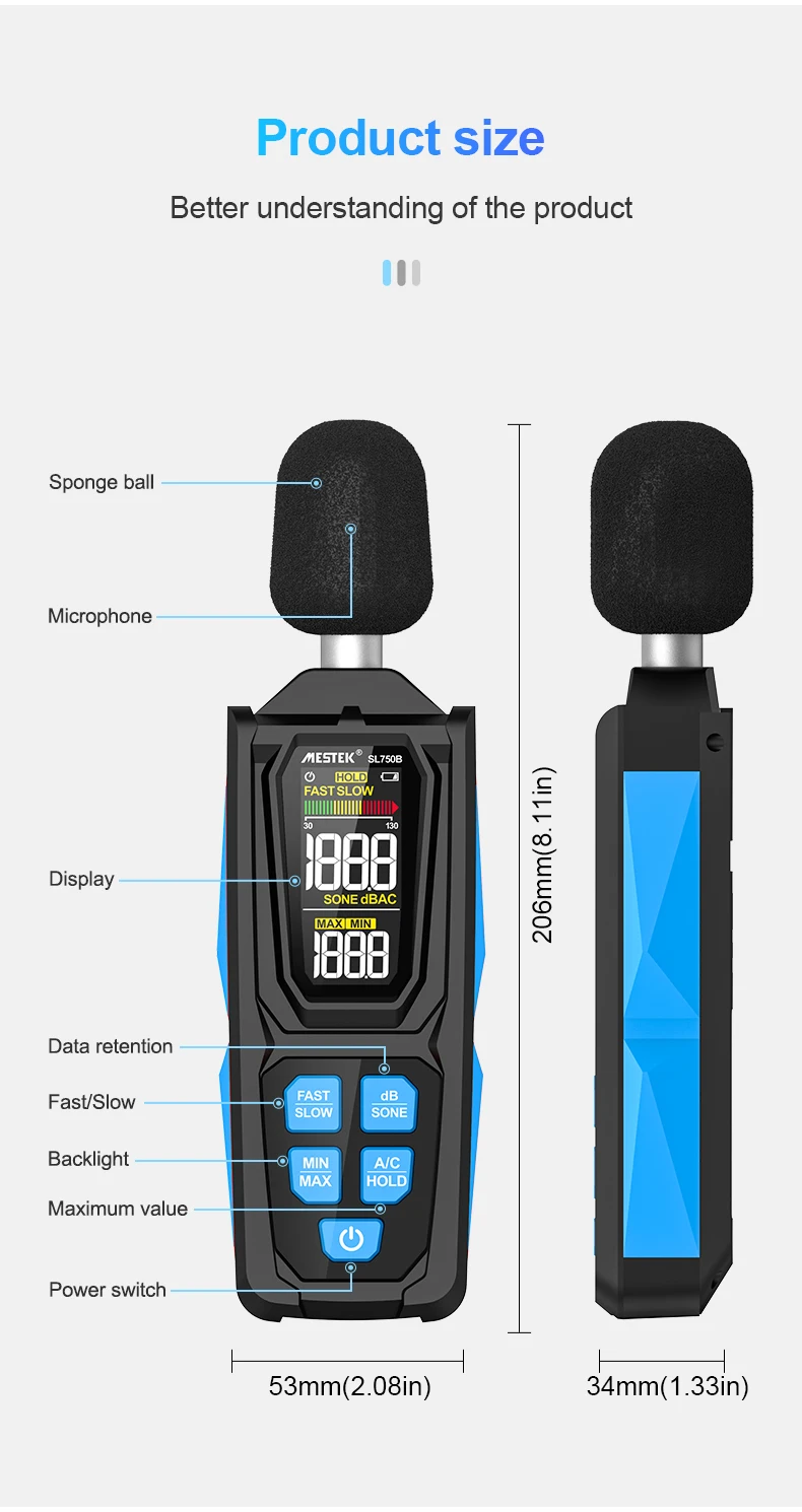 SL750B Digitales Schallpegelmessgerät 30–130 dB A/C gewichtetes professionelles Sonometer Lärmtester Lärm Dezibel-Messgerät – Detail 12