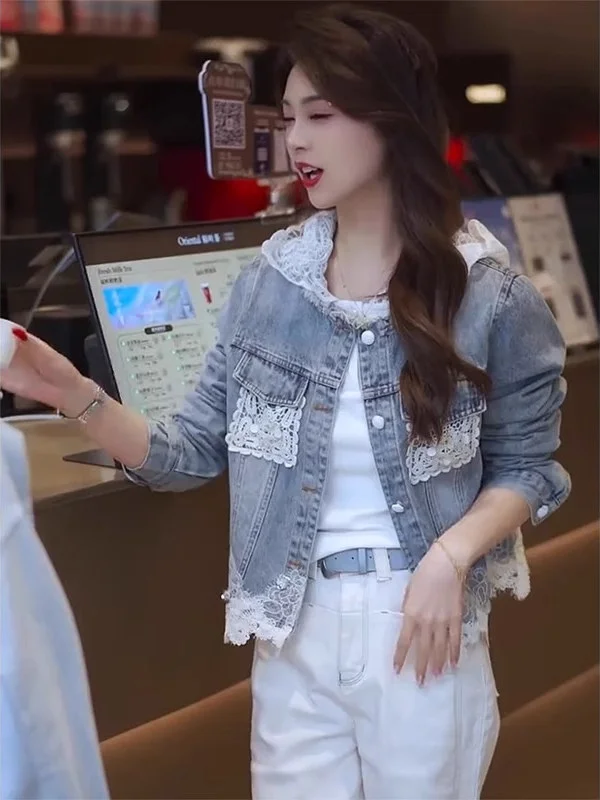 

Retro Hong Kong Style Heavy Work Lace Splicing Denim Jacket Women's Spring New Fashion Youthful Short Top Beautiful