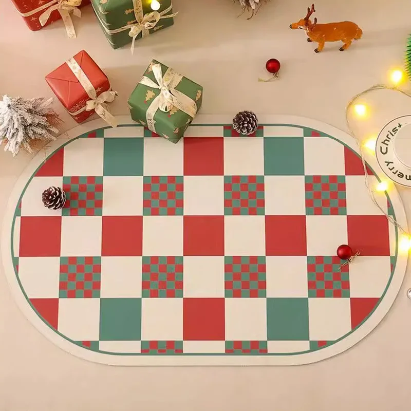 

Christmas Absorbent PVC Carpet Minimalist Plaid Mat Red Green Home Decoration Rug Oval Mats Non-slip Bathroom Doormat IG Tapete