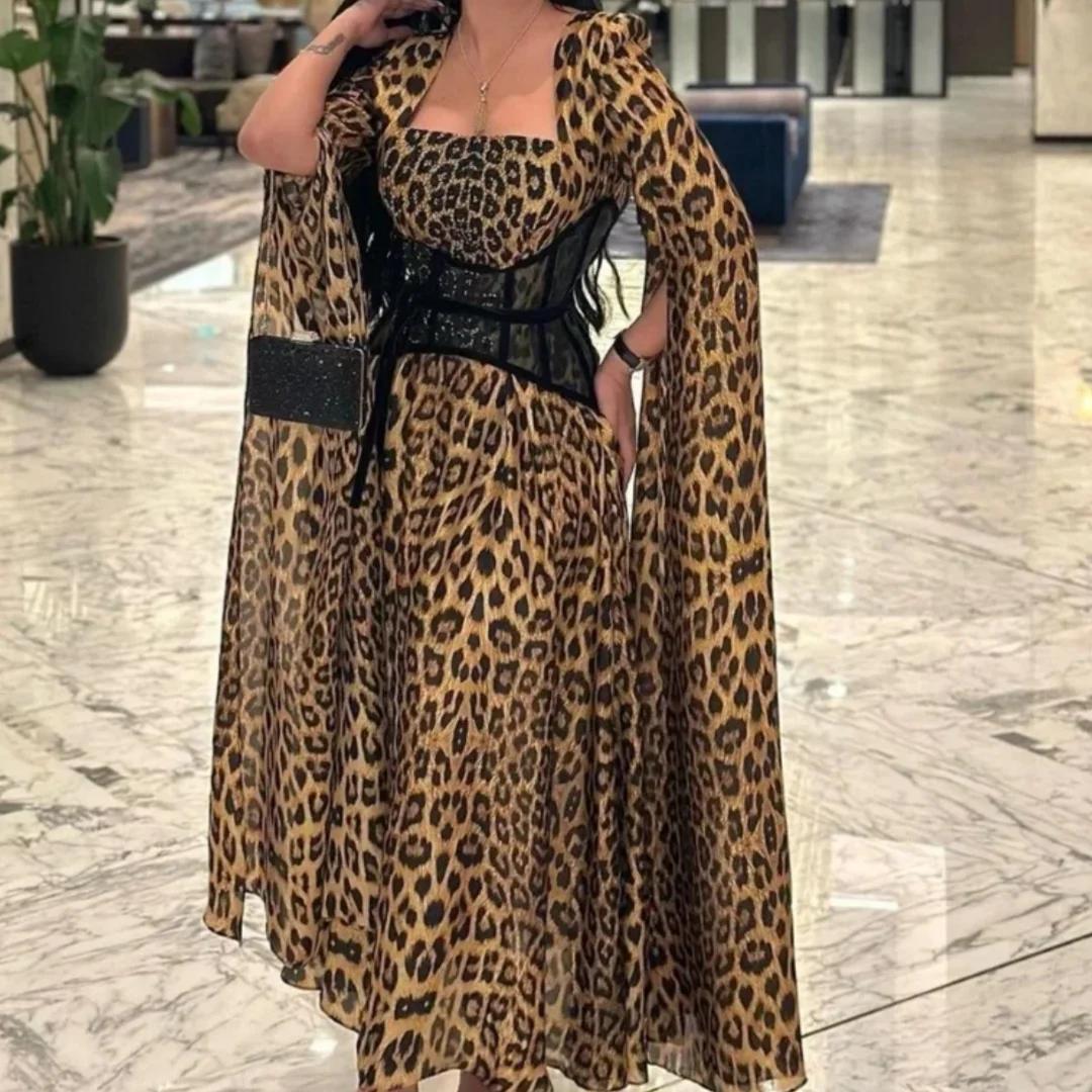 

Elegant A-line Square Collar Evening Gown Formal Party Dance Dress Sexy Long Chiffon Leopard Print Dress Customized