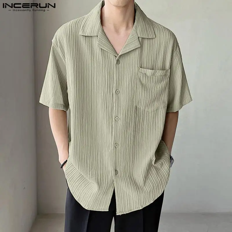 INCERUN Men Shirt Folds Striped Lapel Short Sleeve Button Korean Casual Shirts 2024 Streetwear Summer Leisure Men Clothing S-5XL