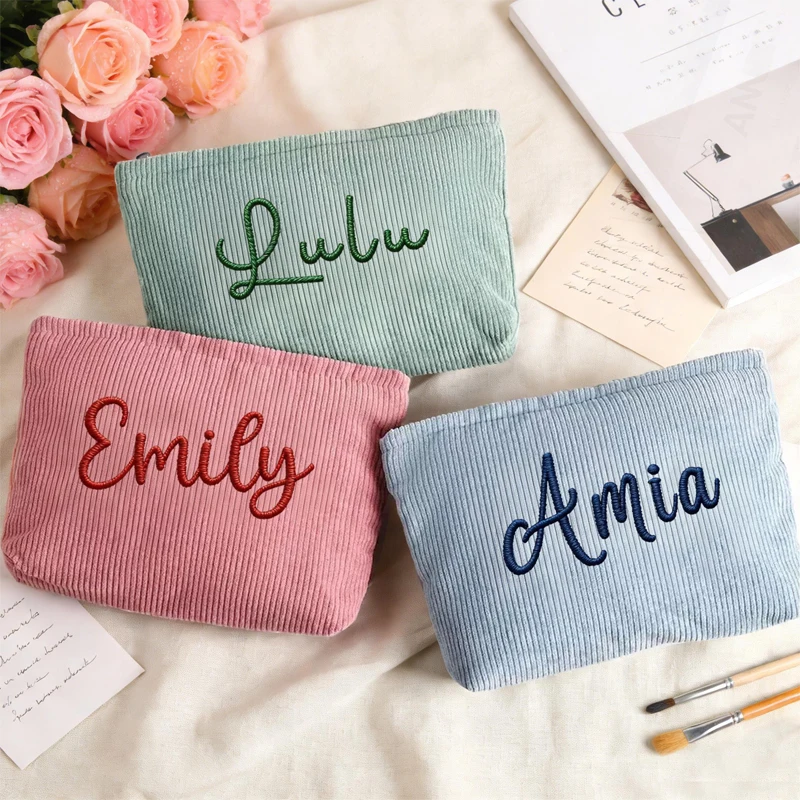 Embroidered Corduroy Makeup Bag,Bridesmaid Makeup Bag,Name Makeup Bag,Embroidered Monogramed Toiletry Bag,Bridesmaid Gift,Gift f