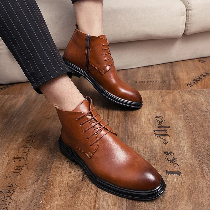 Men Round-toe Low-heel Leather Ankle Boots With Lace-up Design And Side Zipper For Business