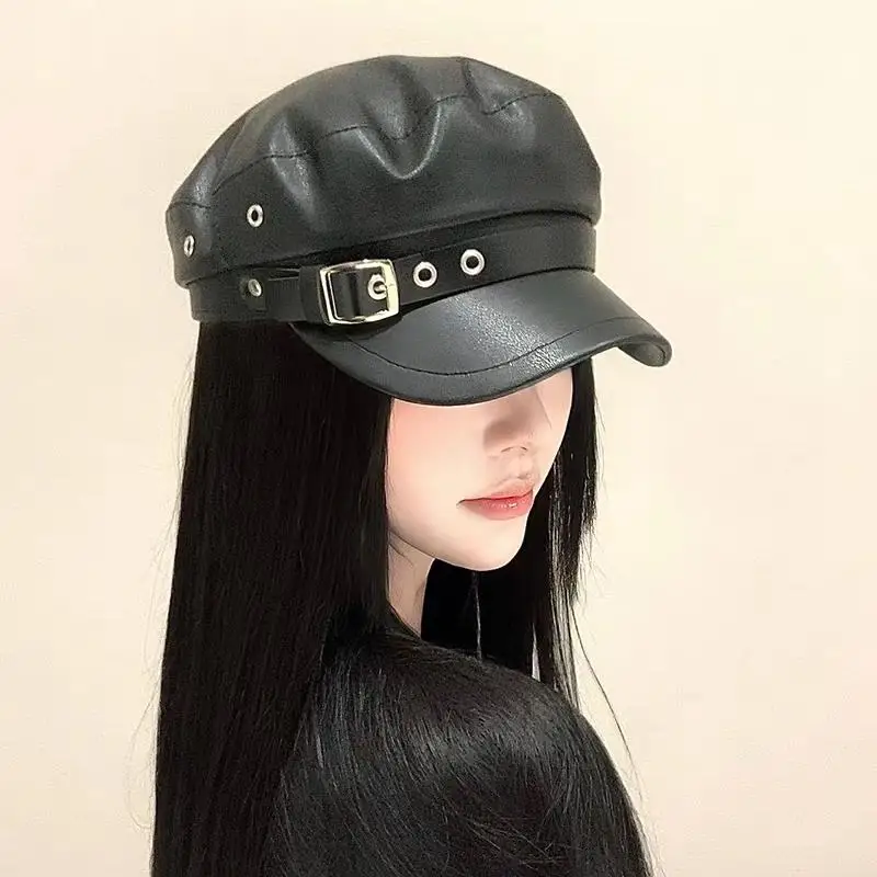 

Versatile Beret Black Retro Navy Cap Pu Leather Flat Top Captain Military Caps Rivet Punk Hats Adjustable Chapeau Visor Hat