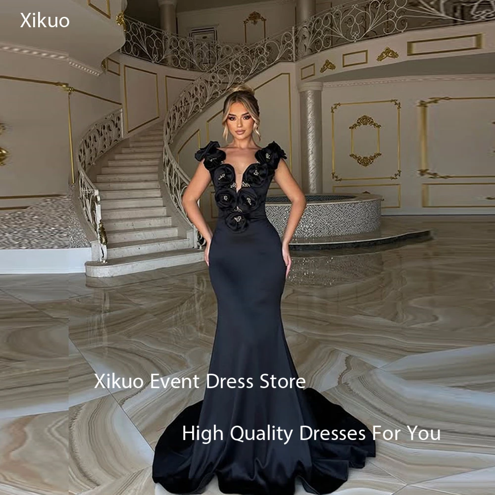 Xikuo Formal Black Satin Evening Gown Long Mermaid V Neck Robe Cocktail Femmes 3D Flowers Beadings Party Prom Dresses Customized