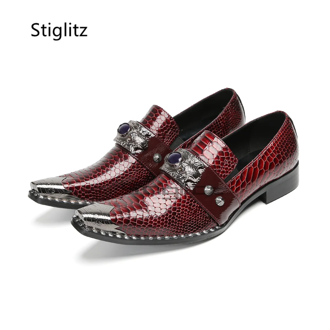 

Gemstone Strap Dress Men's Shoes Burgundy Metal Pointed Toe Handmade Genuine Leather Business Banquet Party Wedding Shoes Male