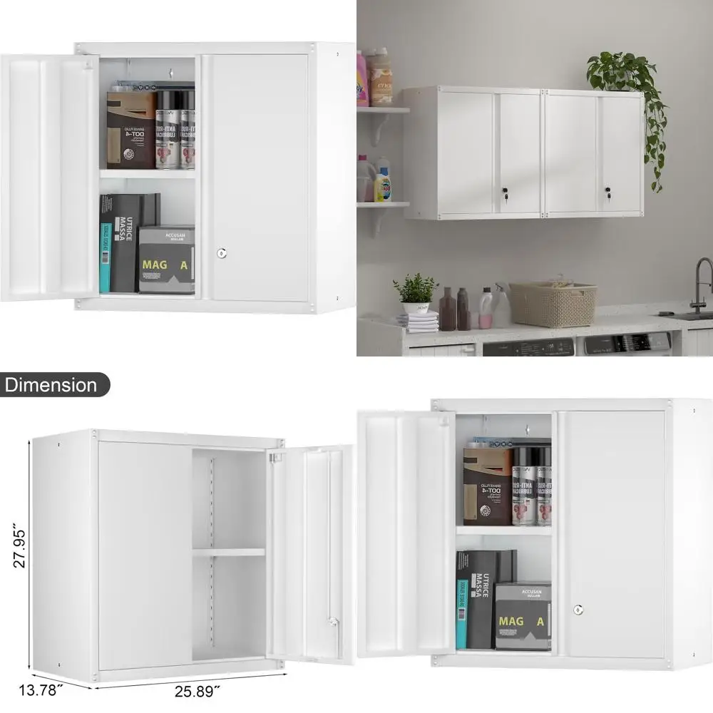 

Secure Wall-Mounted Storage Cabinet for Garage, Kitchen, and Basement with Adjustable Shelves