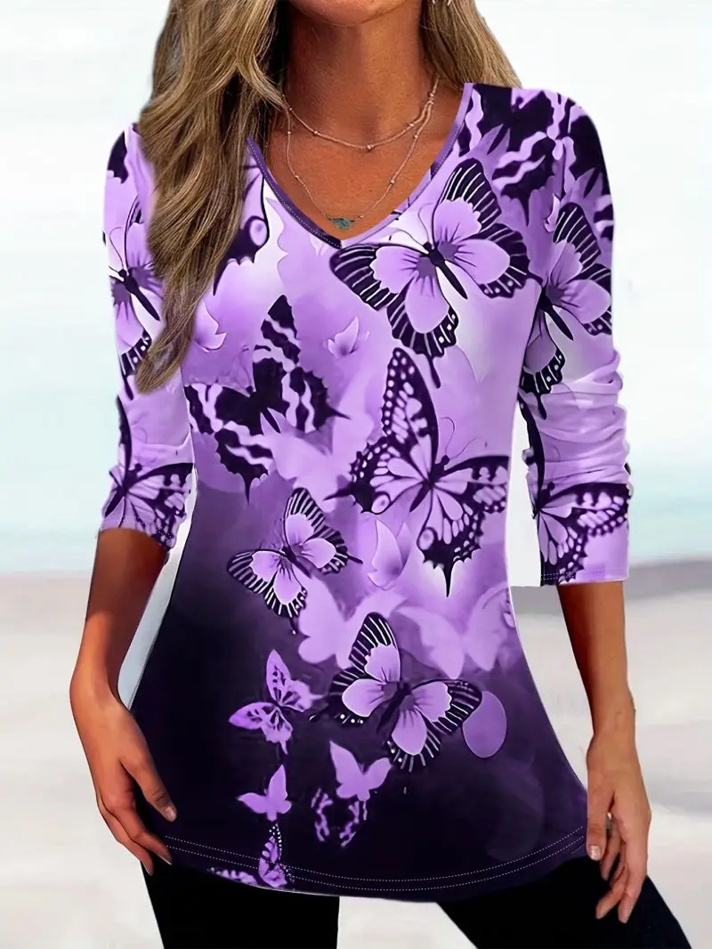 V-neck long sleeved slim fit T-shirt with a wide drape, relaxed and comfortable women's pullover top