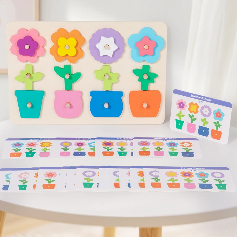 Wooden Flower Matching Puzzle Board - Comes With Challenge Cards Children's Color Recognition And Pattern Matching Skills