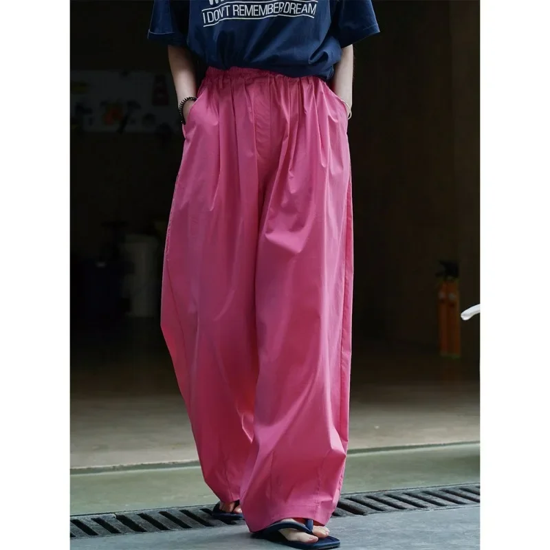 Summer Rose Red Wide Leg Casual Pants Light Trousers Women Loose Thin Simple Fashion Silhouette High Waist Slimming Dark Blue