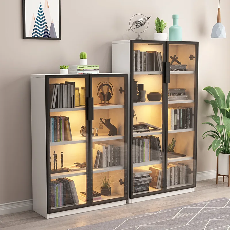 Modern simple glass door all solid wood bookcase, floor-to-ceiling living room bookcase, wall bookshelf ornament display cabinet