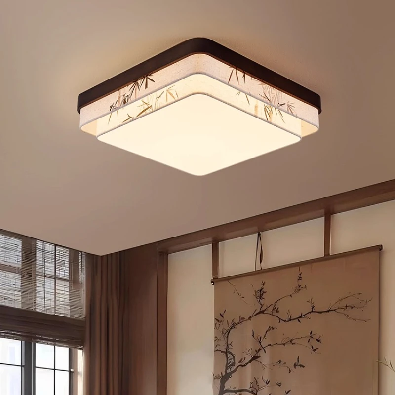 Retro Rotundity/square Double-layer Printing Fabric LED Ceiling Lights Living Room Bedroom Study Hotel Wooden Base Hanging Lamps