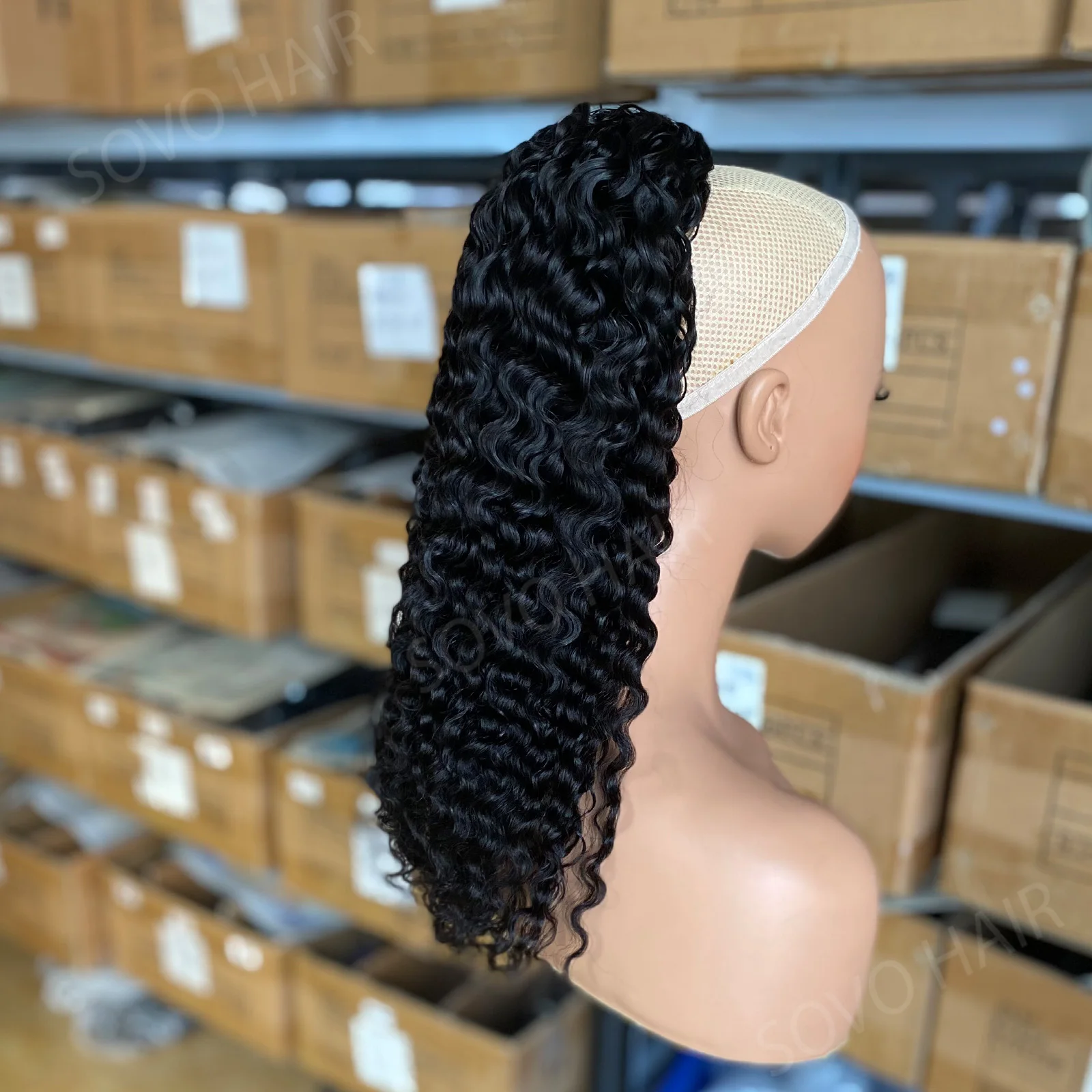 Burmese Curly Drawstring Ponytail Virgin Human Hair Extension 22Inch 120G Natural Black Clip In Ponytail Hairpieces For Women