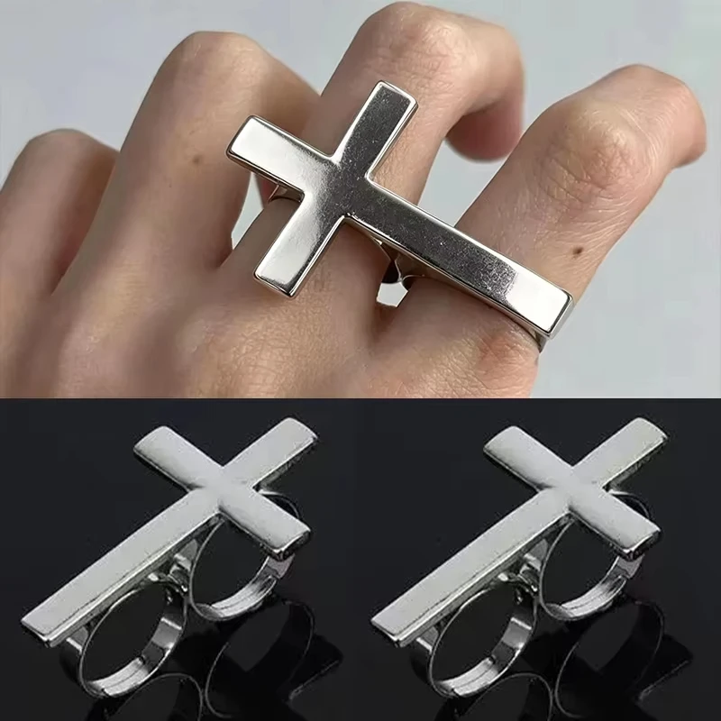 Two Finger Cross Ring For Men Vintage Big Cross Open Rings Trendy Gothic Gold Silver Color Finger Christian Rings