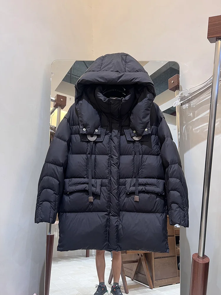 النسخة الكورية مقنعين الرباط سميكة أسفل سترة 2025 شتاء جديد إمرأة متوسطة إلى طويل الأبيض بطة أسفل معطف العصرية #2