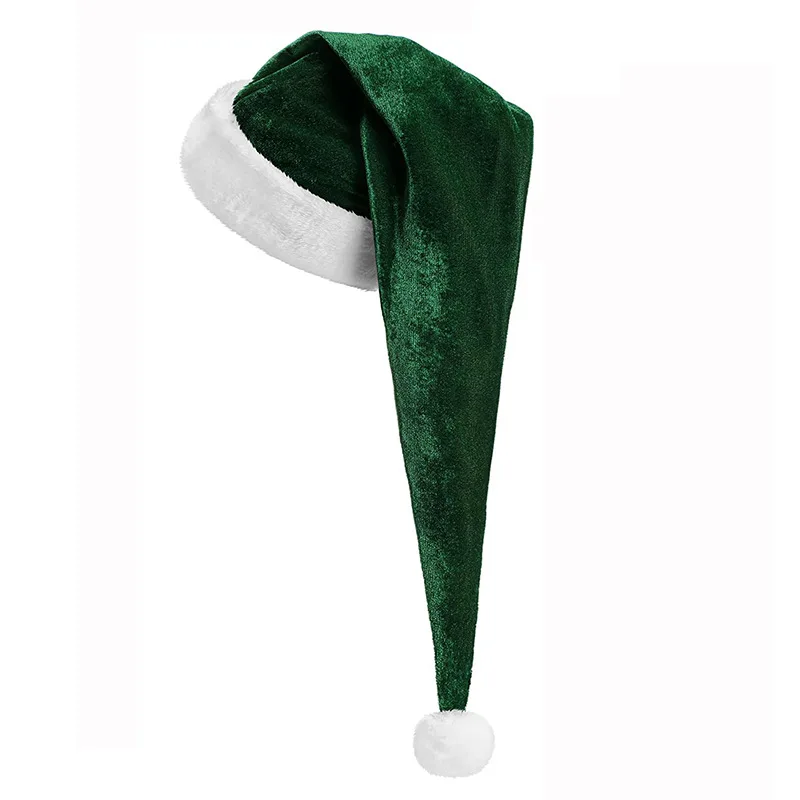 32 x 75 cm große Weihnachtsmütze mit dunkelgrünem Samtbesatz für Erwachsene, lange Weihnachtsmütze