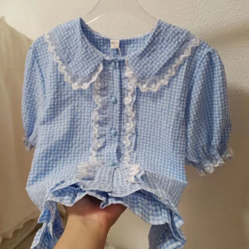 Lolita Plaid Shirts Women Summer Lace Embroidery Ruffles Short Sleeve Blouses Sweet Kawaii Schoolgirl Y2k Tops Blusas Mujer