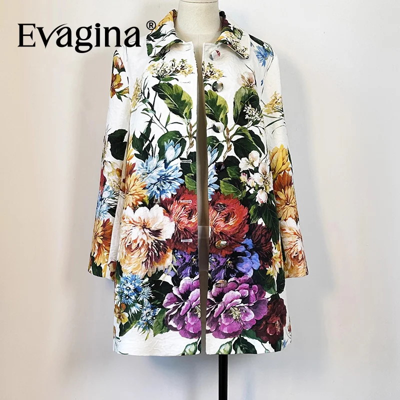 

Evagina 2025 Autumn outfit Flip collar single breasted A-line loose fit Vintage floral cotton long sleeved jacquard jacket