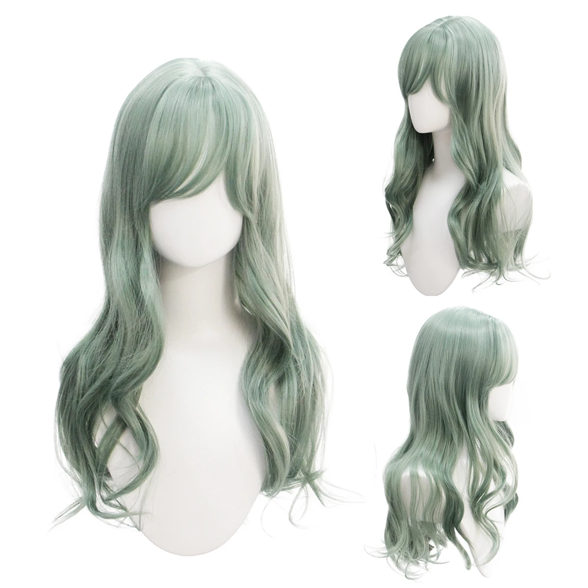 Long Curly Ombre Pink/Green Synthetic Lolita Wig with Bangs Middle Part for Girls Ladies Cute Natural Cosplay Party Halloween