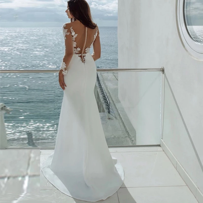 Sexy Lange Mouwen Mermaid Trouwjurken Wit Illusion Hals Kant Applicaties 2023 Bridal Dress Toga Strand Vestidos De Noiva