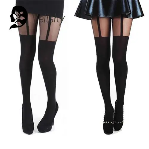 Women Sexy Black Fake Garter Belt Suspender Tights Over The Knee Hosiery Stocking