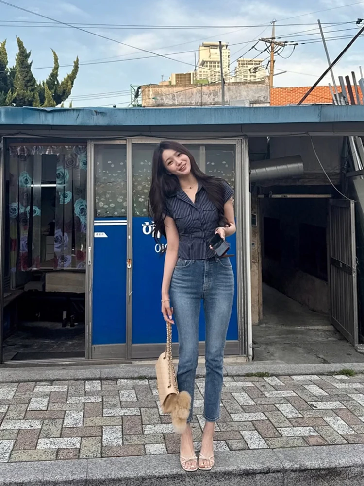 

Ретро-джинсы синего цвета с высокой талией, эластичные, утягивающие, с эффектом подтяжки бедер, 2025 года, новые, повседневные, широкие, прямого кроя, укороченные (7/8)