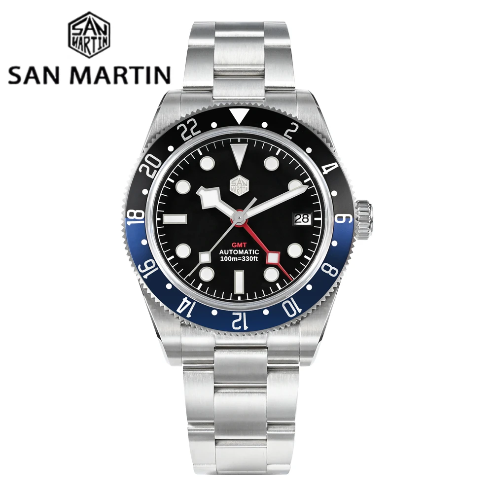 

San Martin 2024 NH34 GMT Luxury Men's Automatic Mechanical Bidirectional Aluminum Bezel Watch 3H Date Waterproof 100m SN0109