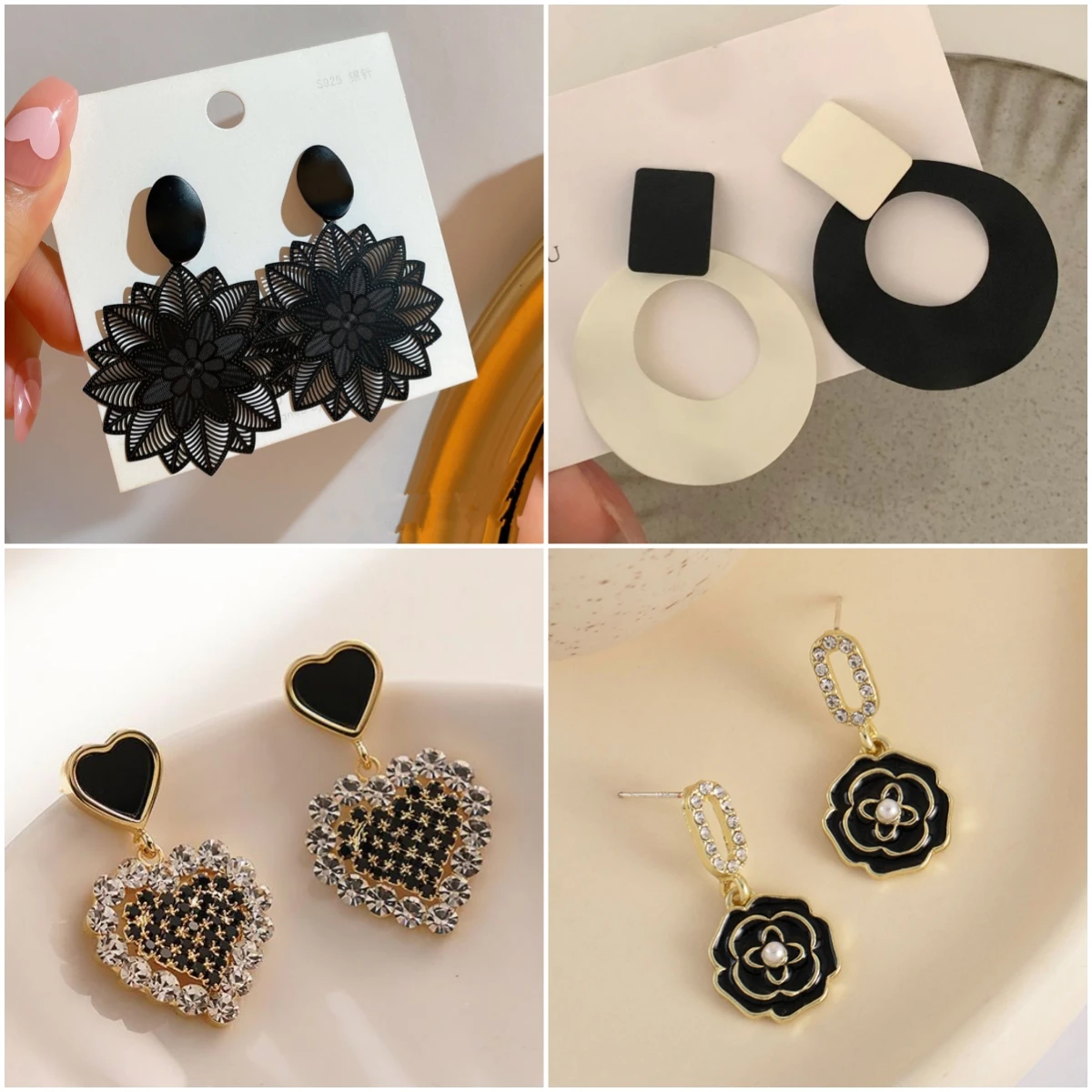 Trendy Black Statement Earrings for Women Enamel Oil Pearl Crystal Square Heart Flower Round Circle Asymmetric Geometry Gift