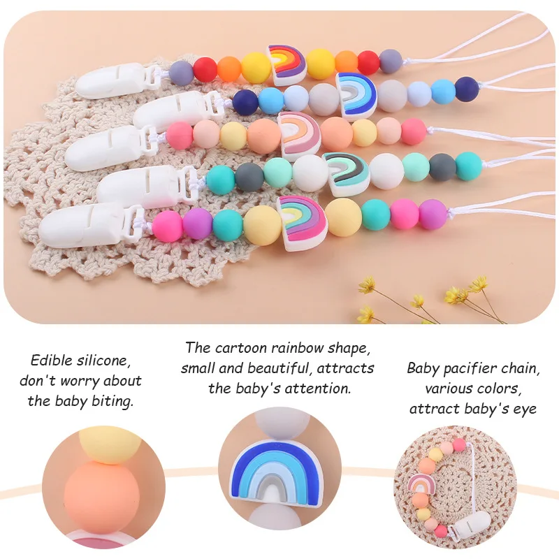 NEW baby Pacifier Clip Handmade Beech Wooden Chain rainbow silicone Teether chain Baby Teething Toy newborn Chew Gift