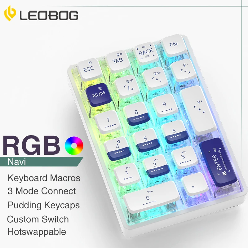 LEOBOG K21 Mechanical Keypad 21 Key Transparent Bluetooth Number Pad Photoshop Accounting Numpad Gaming Keyboard