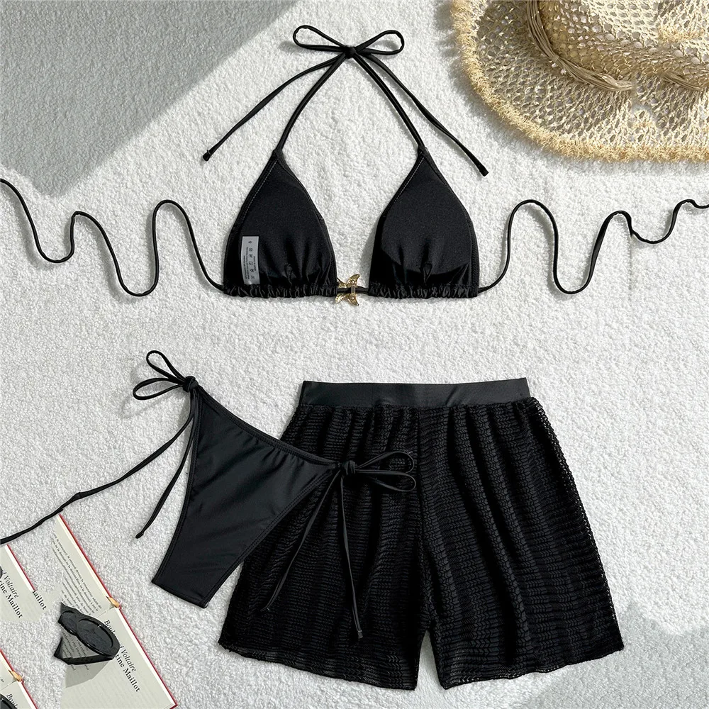 Witte mesh shorts, halter string triangle bikini's, 3-delige micro thong sexy badpakken, dames metalen ster bikini