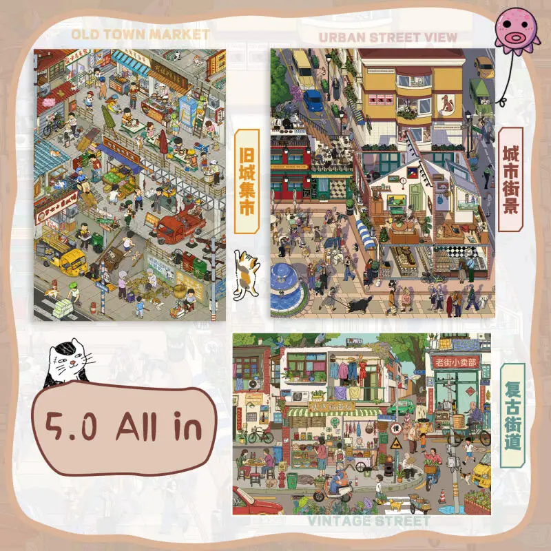 

Card Lover 3-4 Pcs [Retro Street Market Series] 3D Large Waterproof City Street Scene Landscape Stickers Retro Scrapbooking