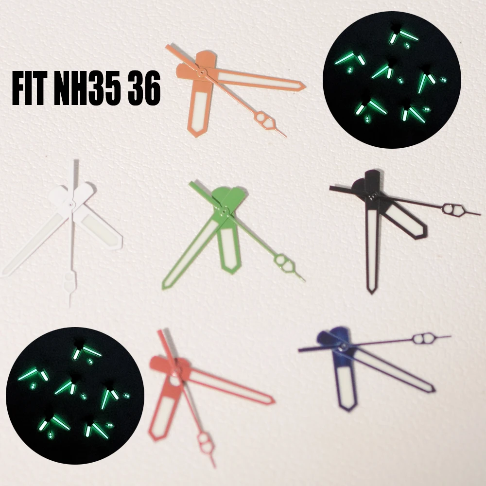 أخضر أحمر أبيض أزرق برتقالي أسود ساعات مؤشرات الغوص الأيدي الساعات الإبر الأخضر C3 مضيئة لحركة NH34 NH35 NH36