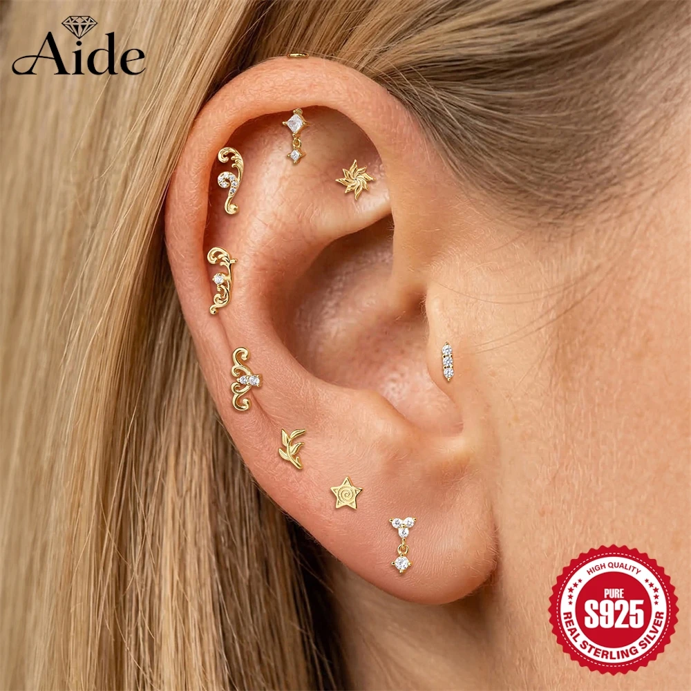 AIDE 925 Sterling Silver Waves/Star With Spiral Stud Minimalist Style for Women INS Branch with Leaves Stud Earrings Dainty Cute
