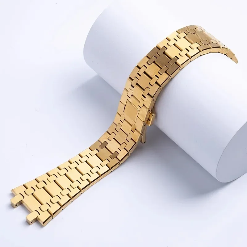 Bracciale Orologio In Acciaio Inox 26 Mm Per Audemars Piguet Royal Oak 15400 - Maglie Geometriche Spazzolate, Chiusura A Farfalla, Regolabile, Colore Argento