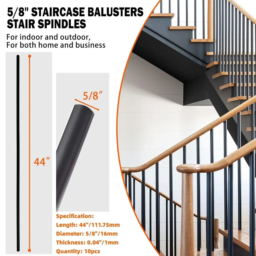 مجموعة من 10 درابزينات معدنية مستديرة مجوفة ومستقيمة للطوابق، درابزين سلالم 5/8، لمسة نهائية من الساتان باللون الأسود