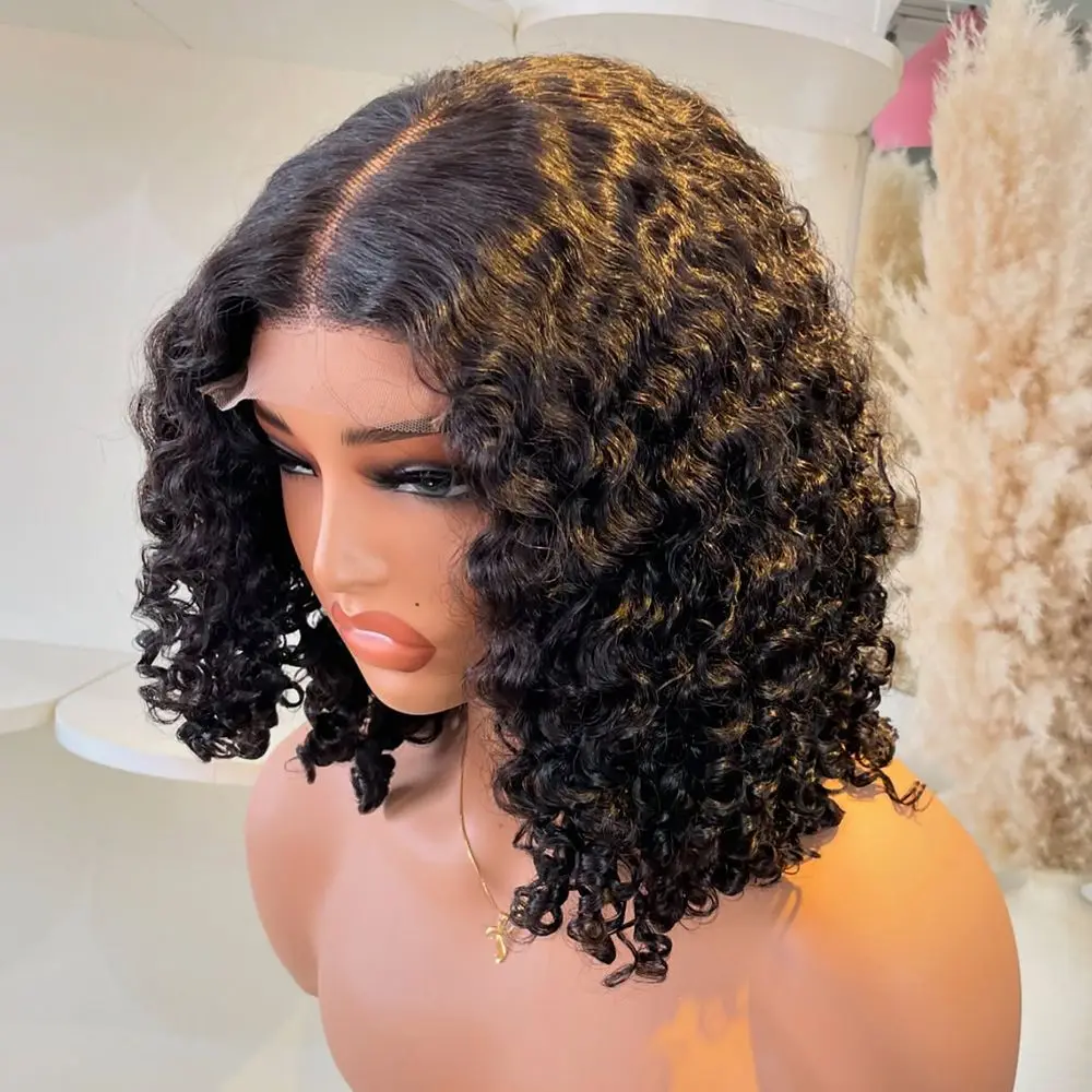 موجة عميقة قصيرة بوب شعر مستعار شعر الإنسان 200 الكثافة الطبيعية الأسود موجة المياه 13x4 مجعد بوب الدانتيل الجبهة الباروكات 4x4 الدانتيل إغلاق الباروكات