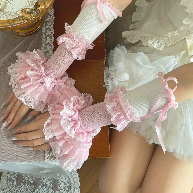 New Harajuku Handmade Ballet Pink Lace Sleeves Lolita Sweet JK Maid Long Cuff Gloves Multi-layer Frilly Y2K Girl Gloves