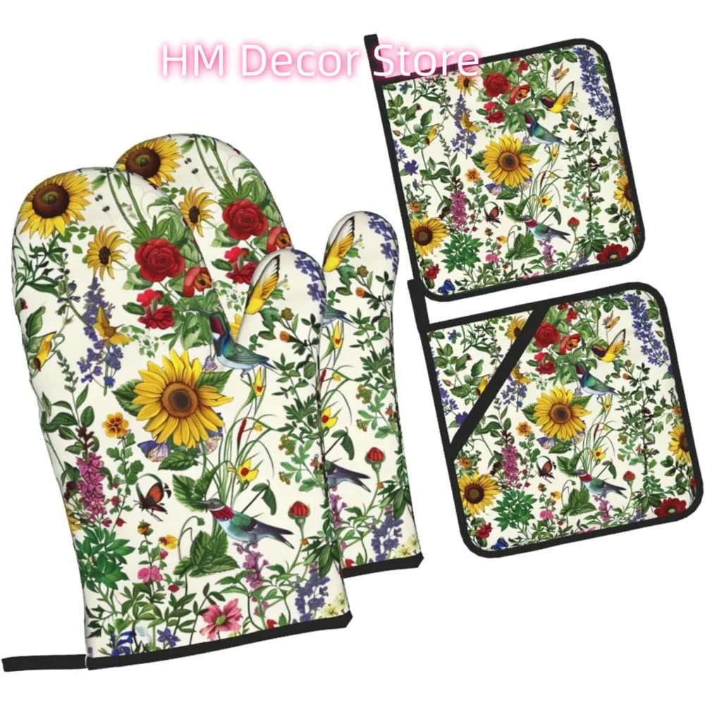 

Sunflowers and Hummingbirds Oven Mitts and Pot Holders Sets of 4, Cute Heat Resistant Oven Mitts - Non-Slip Cooking Gloves for K