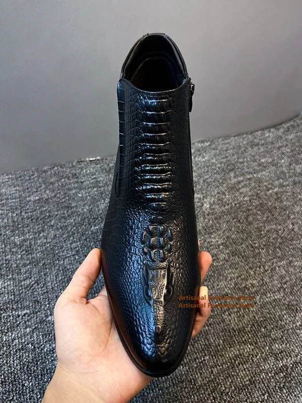 Picture 4: Black Crocodile Embossed Leather Chelsea Boots for Men Pointed Toe Side Zipper Low Heel Business Ankle Boots Trendy Men's Boots