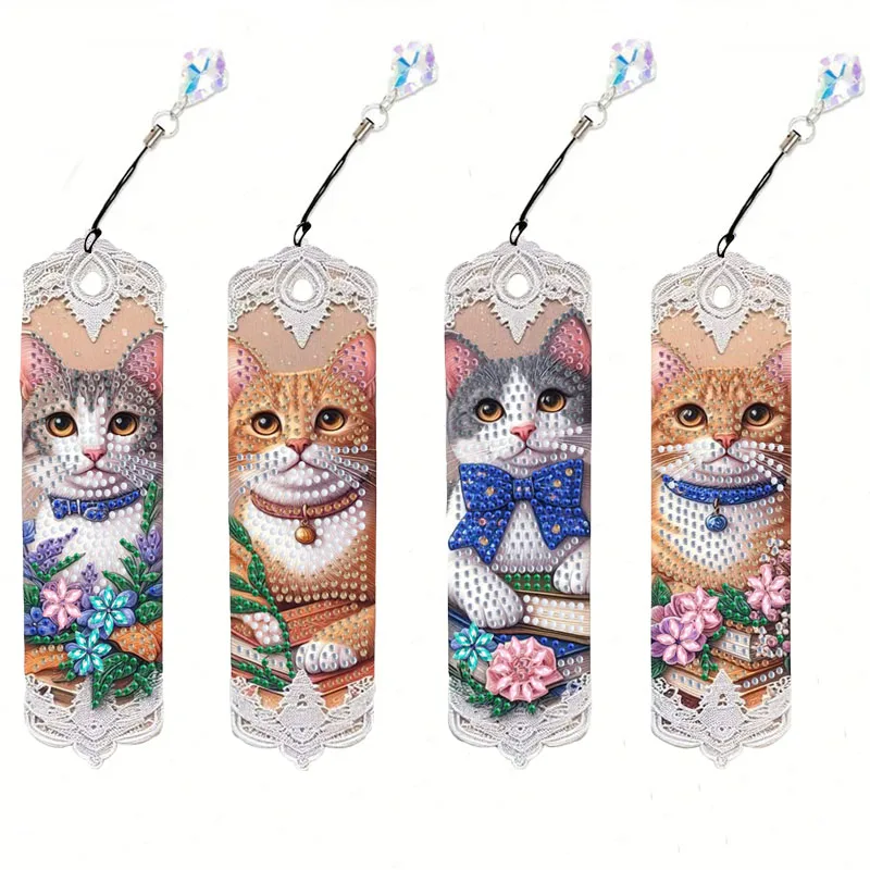 Juego de 4 marcapáginas artísticos con pintura de diamante de gatito, atrapasueños de Panda, marcapáginas de pintura de diamante de forma especial 5D con colgante.