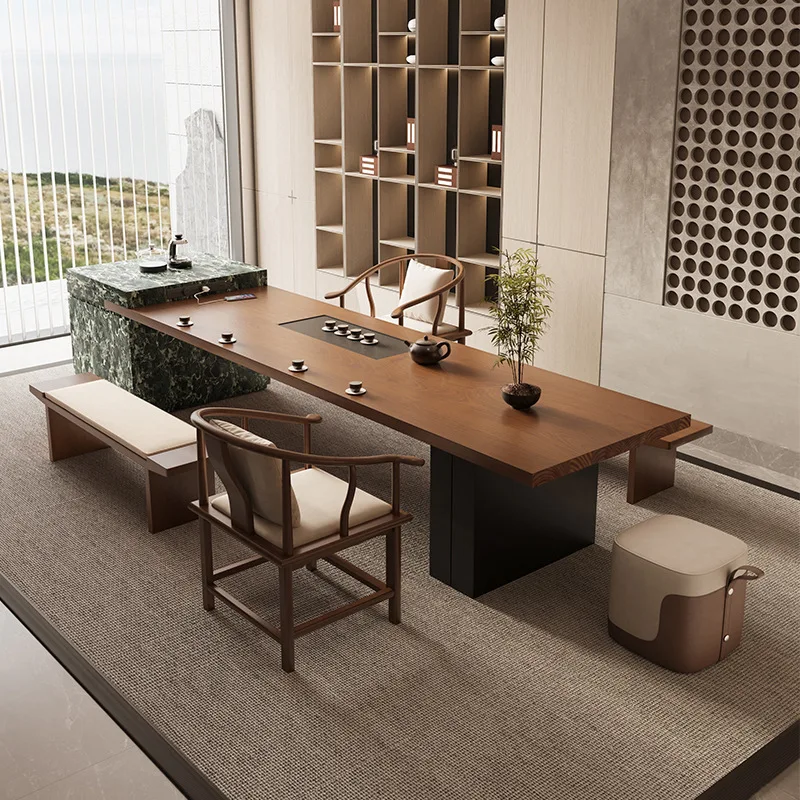 Italian solid wood island tea table and chair combination light luxury office tea