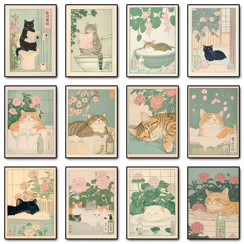 Japanische Tabby-Katze in der Badewanne, Diamantgemälde, Retro-ästhetisches Wandkunstbild, Japandi, Badezimmer, Toilette, Heimdekoration
