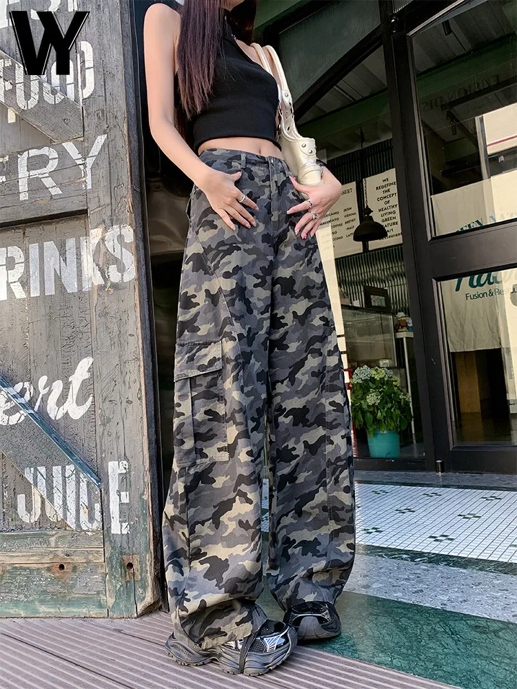 

American Retro Camouflage Workwear Jeans High Waist Women's New 2025 ket Design Slim Wide Leg Knife Pants