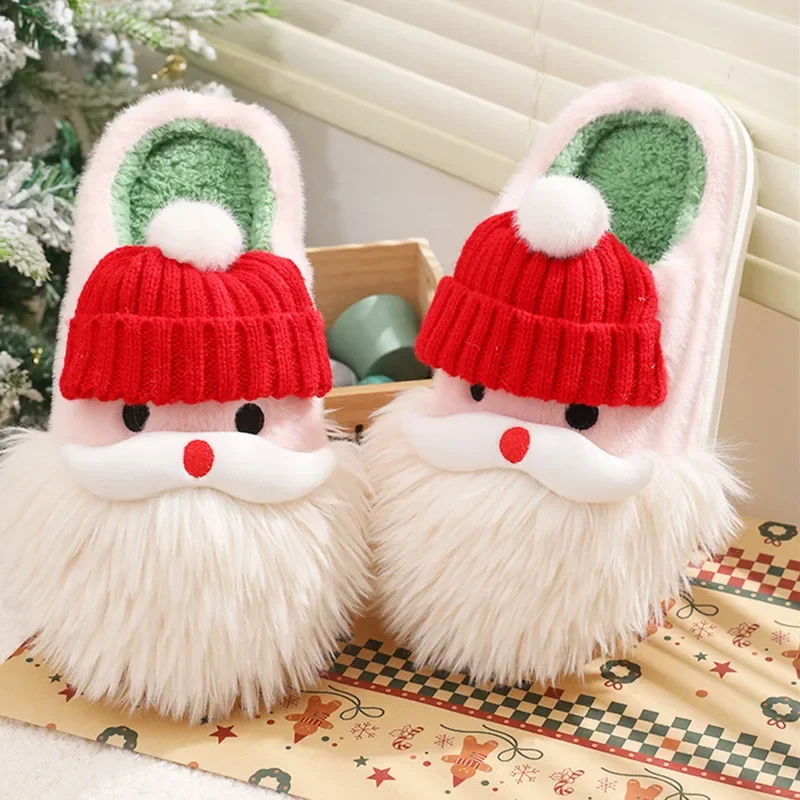 

3D Santa Claus Fluffy Slippers Winter Cartoon Plush Shoes Bearded Santa Claus Wearing Hat Slippers Christmas Gift Women Men