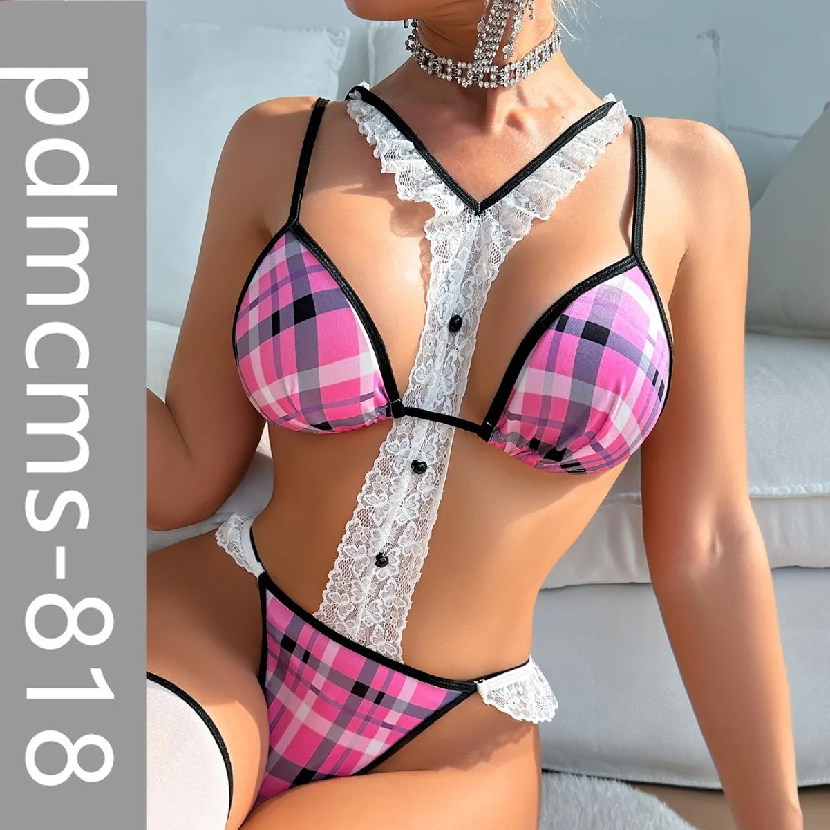 

2025 new European beautiful women servant lace lace neck sling contrasting color one-piece pure desire erotic underwear 27281