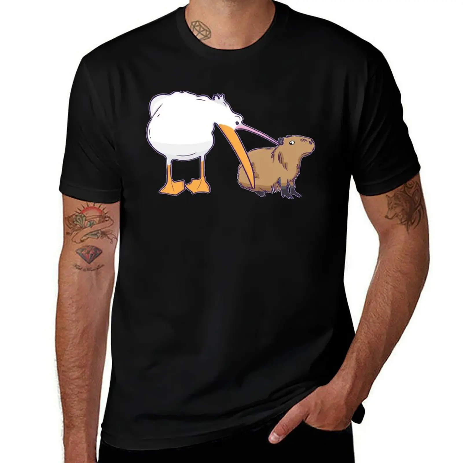 Pelican Tries to Eat Capybara Funny Cute Meme T-Shirt Classic Basic Casual T-Shirt