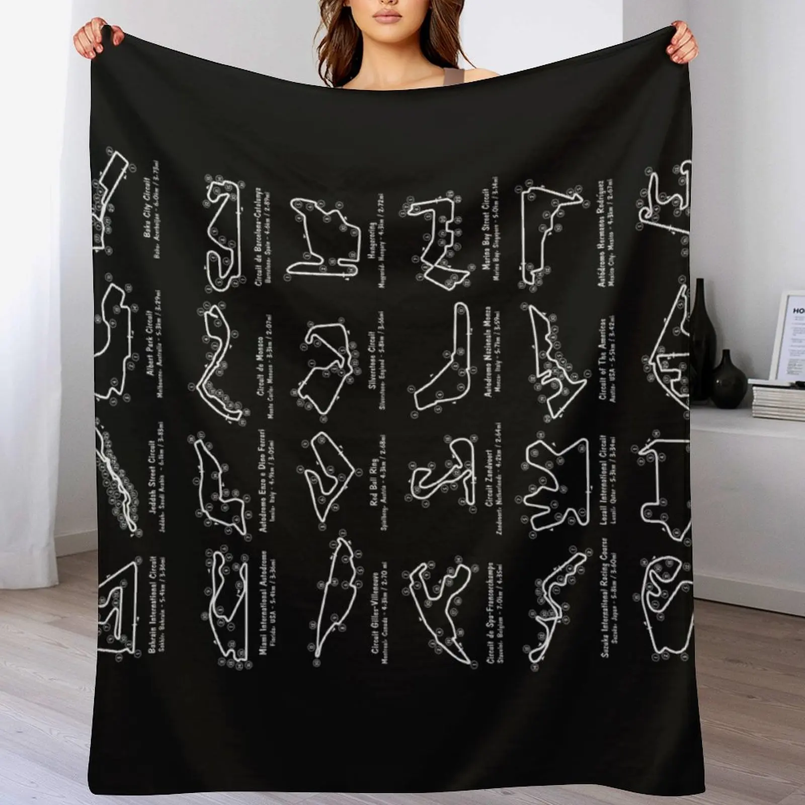 F-1 Race Tracks Vertical (White Stencil - No Background) Throw Blanket