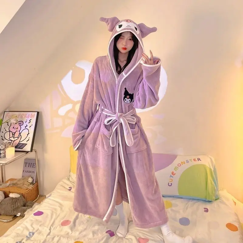 Sanrioed Pajamas Cartoon Kuromi Cinnamoroll Hooded Bathrobe Women My Melody New Cotton Thickened Cute Cartoon Sleeprobe Girls