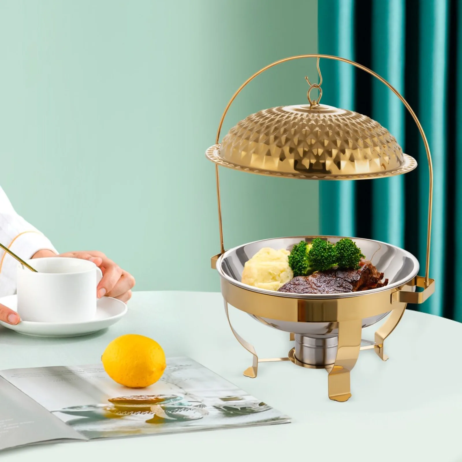 

6L/6.3QT Gold Diamond Hanging Lift-Off Lid Dining Stove, Stainless Steel Modern Round Buffet Warmer, Countertop Food Warmer